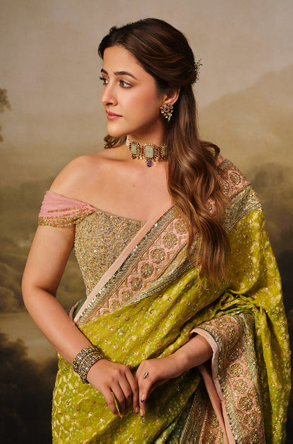 Nupur Sanon in our Regal Imperial Mehendi Lime Vintage Bandhani Saree Set
