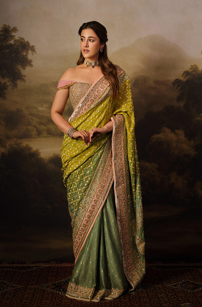 Nupur Sanon in our Regal Imperial Mehendi Lime Vintage Bandhani Saree Set