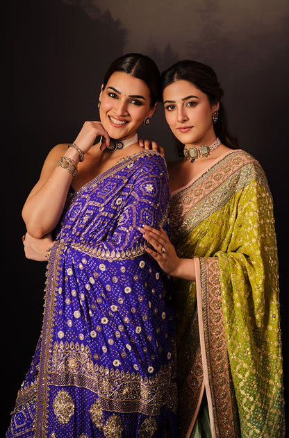 Nupur Sanon in our Regal Imperial Mehendi Lime Vintage Bandhani Saree Set