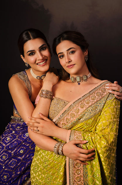 Nupur Sanon in our Regal Imperial Mehendi Lime Vintage Bandhani Saree Set