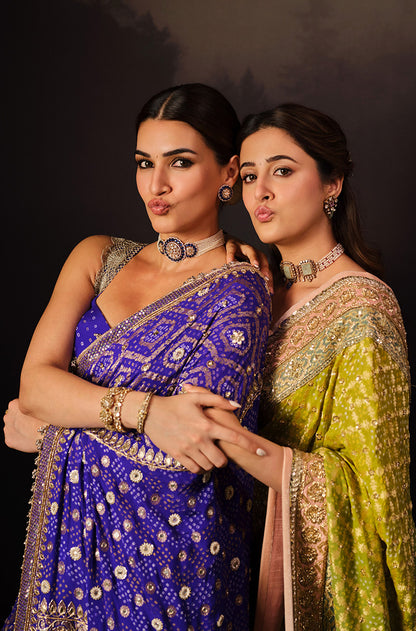 Nupur Sanon in our Regal Imperial Mehendi Lime Vintage Bandhani Saree Set