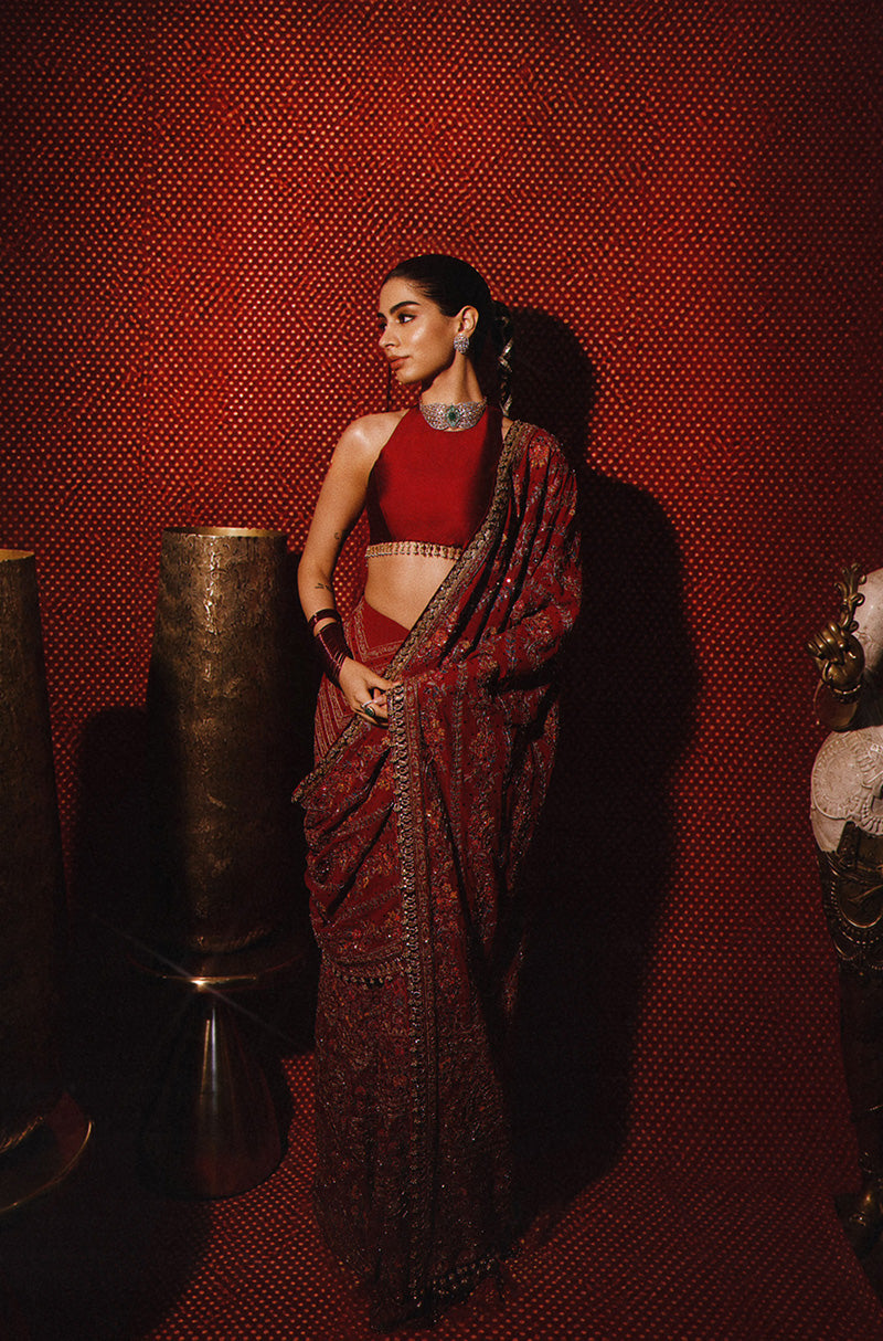 Khushi Kapoor in our Red Threadwork Saree Set