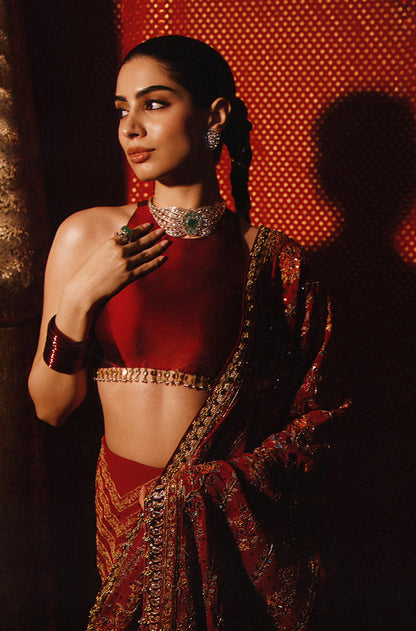 Khushi Kapoor in our Red Threadwork Saree Set