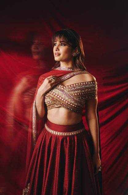 Rasha Thadani in our Burnished Crimson Kashmiri Zari Lehenga Set