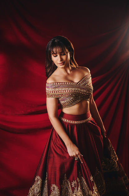 Rasha Thadani in our Burnished Crimson Kashmiri Zari Lehenga Set