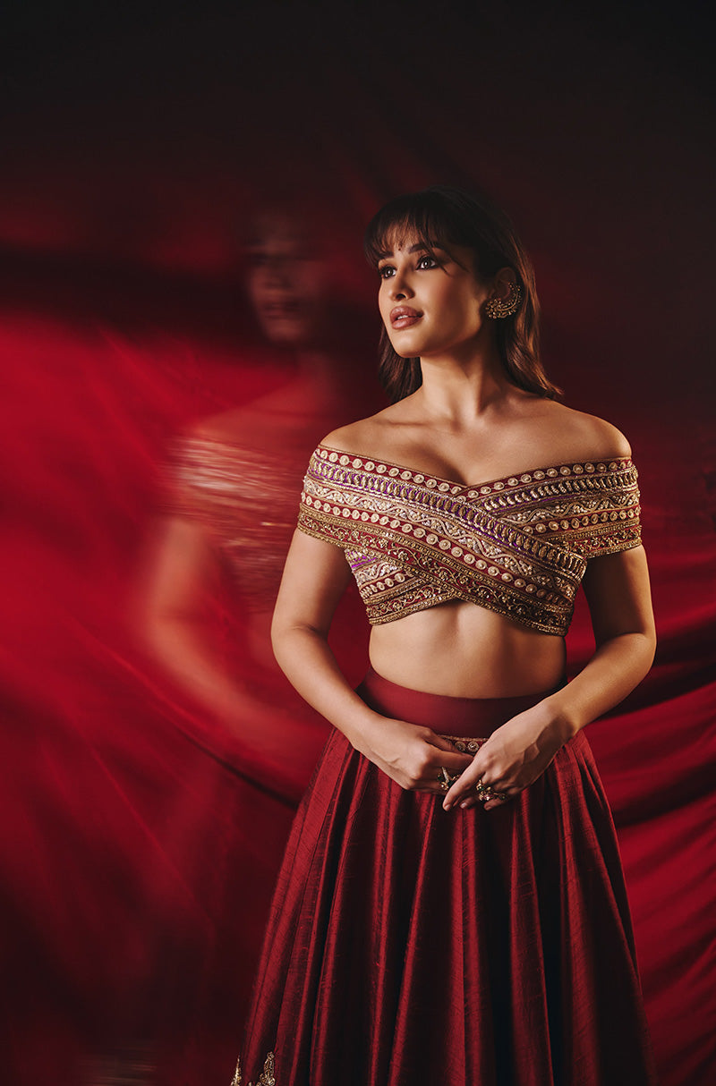 Rasha Thadani in our Burnished Crimson Kashmiri Zari Lehenga Set