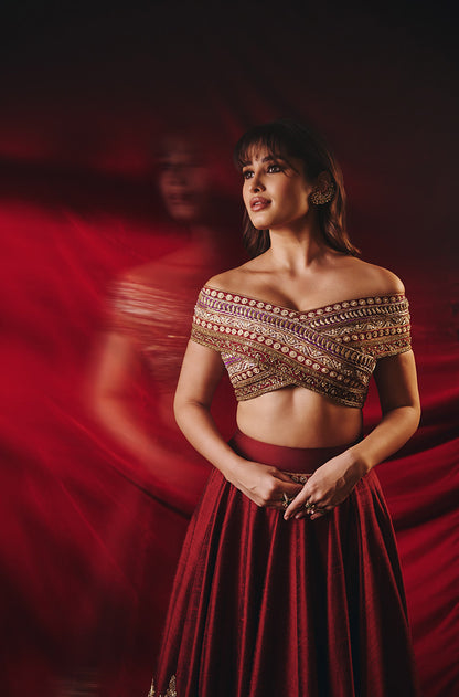 Rasha Thadani in our Burnished Crimson Kashmiri Zari Lehenga Set