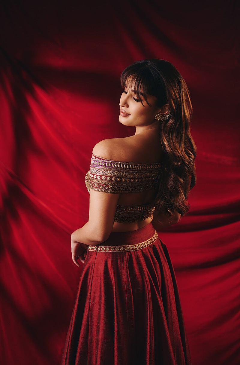 Rasha Thadani in our Burnished Crimson Kashmiri Zari Lehenga Set