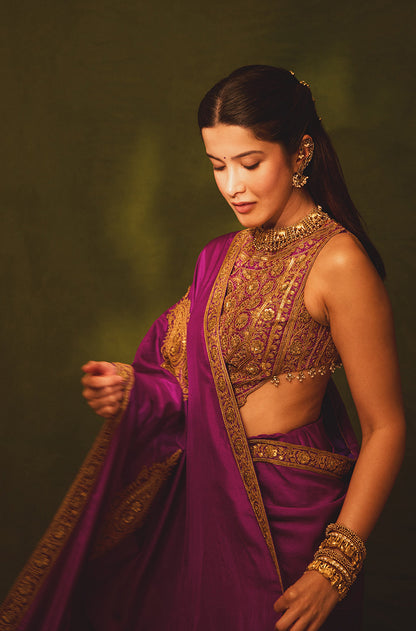 Shanaya Kapoor in our Imperial Mulberry Antique Marori Embroidered Silk Saree Set