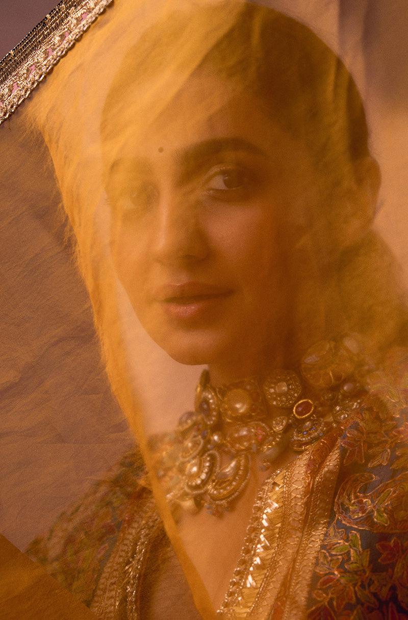 Vedika Pinto in our Mustard & Turquoise Kali Kashmiri Embroidered Lehenga Set