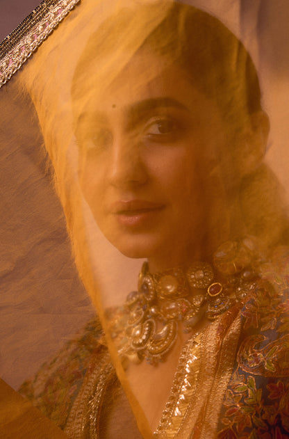 Vedika Pinto in our Mustard & Turquoise Kali Kashmiri Embroidered Lehenga Set