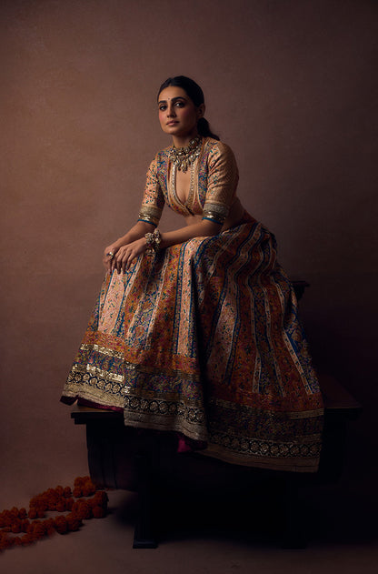 Vedika Pinto in our Mustard & Turquoise Kali Kashmiri Embroidered Lehenga Set