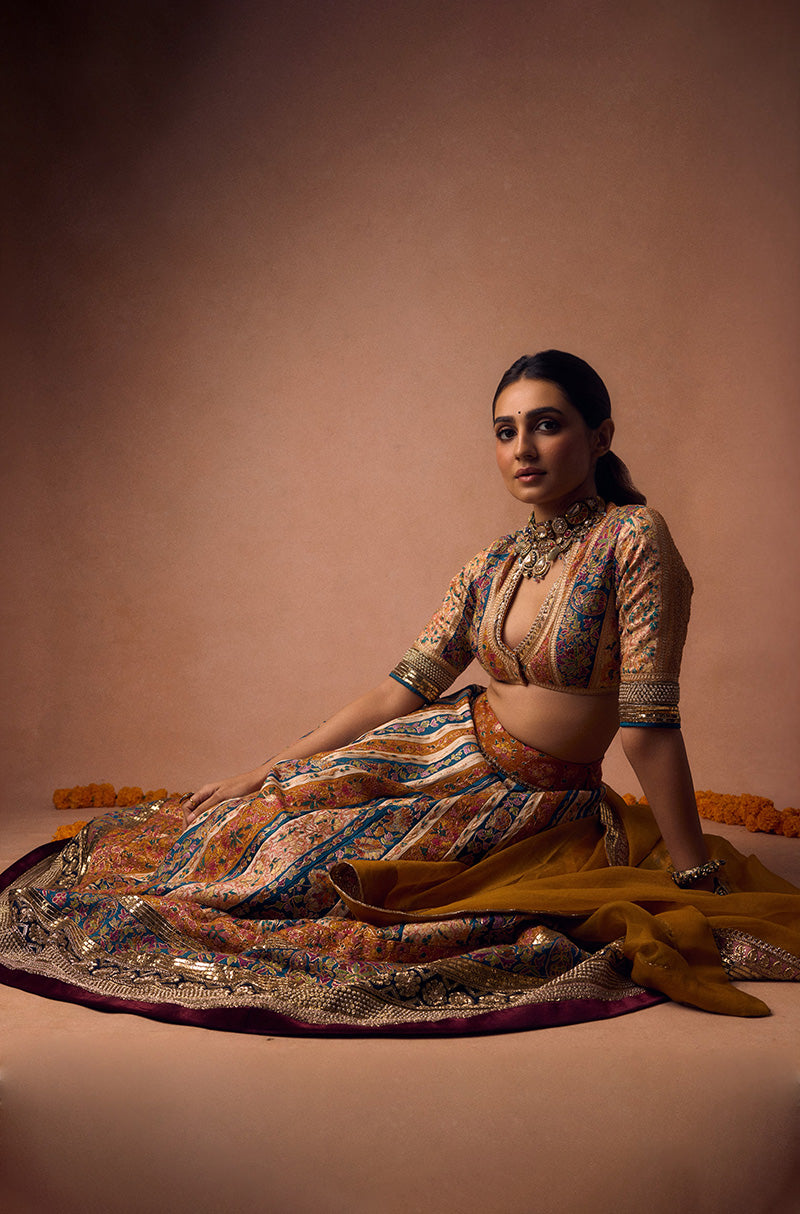 Vedika Pinto in our Mustard & Turquoise Kali Kashmiri Embroidered Lehenga Set