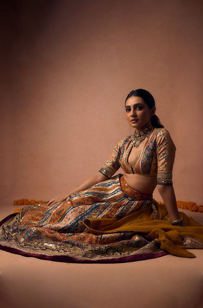 Vedika Pinto in our Mustard & Turquoise Kali Kashmiri Embroidered Lehenga Set