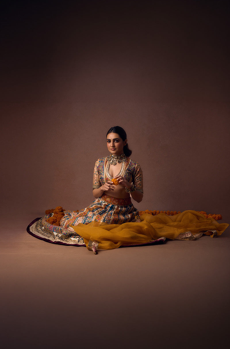 Vedika Pinto in our Mustard & Turquoise Kali Kashmiri Embroidered Lehenga Set
