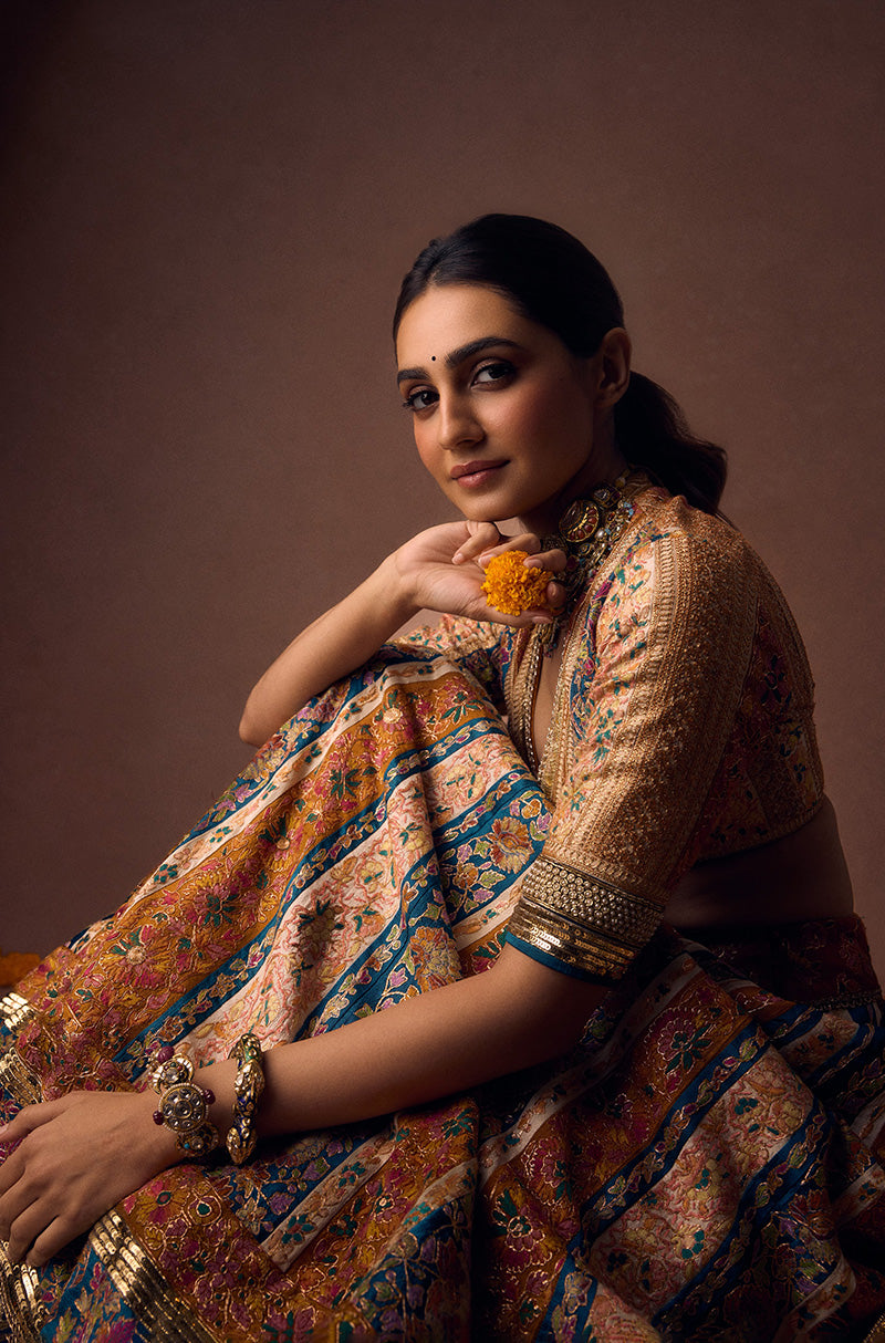 Vedika Pinto in our Mustard & Turquoise Kali Kashmiri Embroidered Lehenga Set