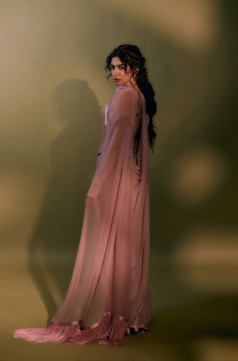 Khushi Kapoor in our Salmon Pink Plain Chiffon Saree Set