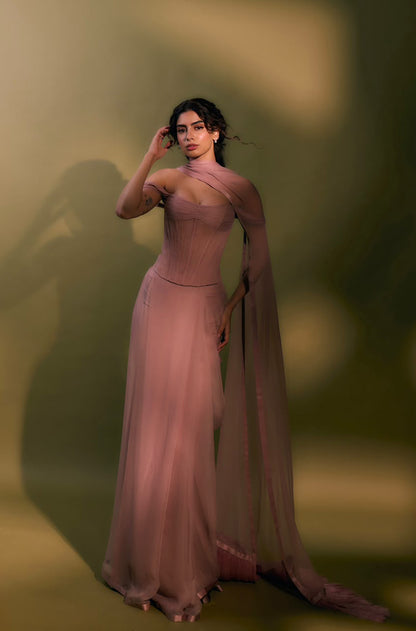 Khushi Kapoor in our Salmon Pink Plain Chiffon Saree Set