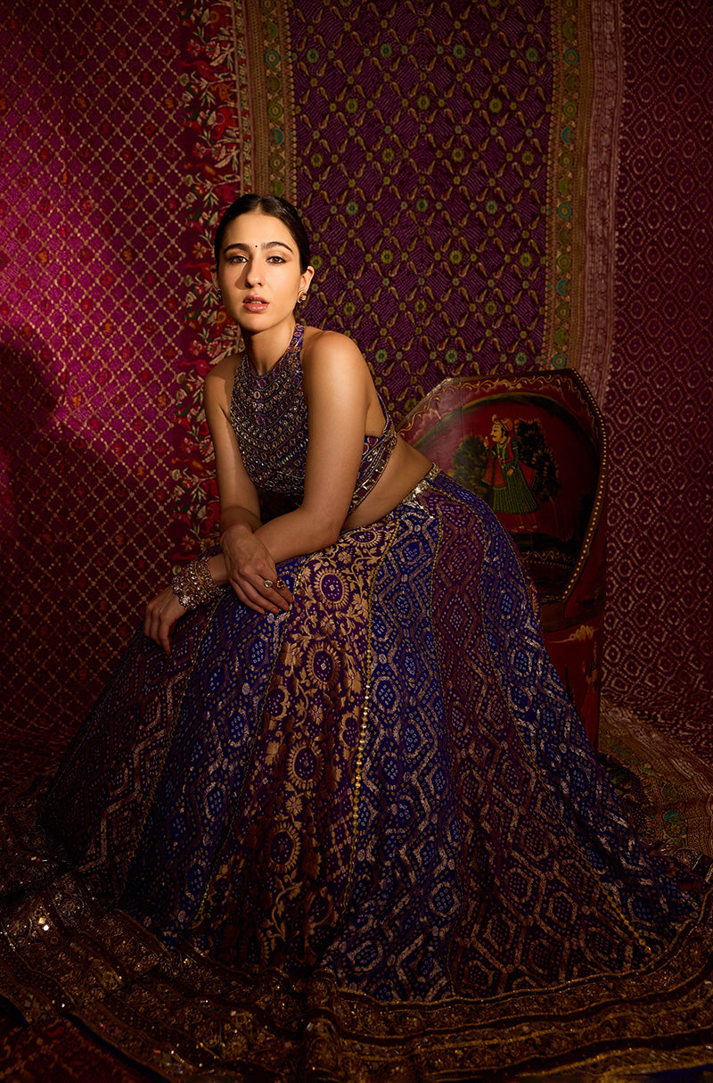 Sara Ali Khan in our Royal Sapphire Bandhani Lehenga Set