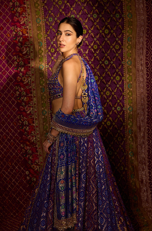 Sara Ali Khan in our Royal Sapphire Bandhani Lehenga Set