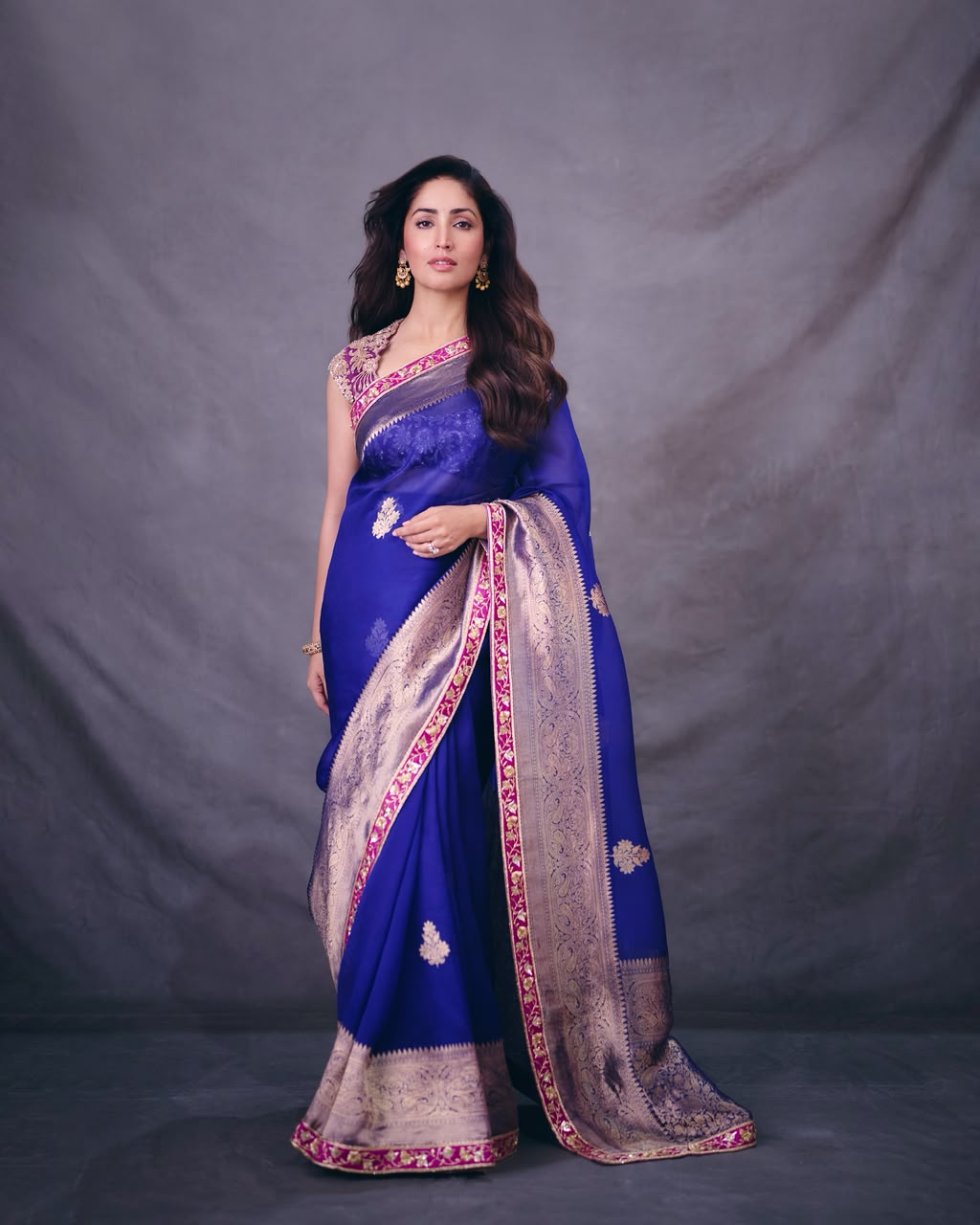 Yami Gautam in our Electric Blue Handwoven Banarasi Kora Saree Set