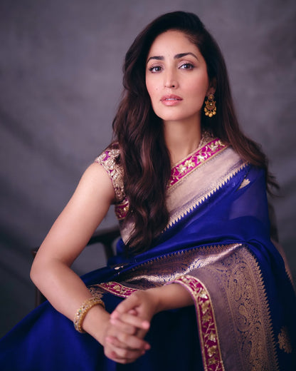 Yami Gautam in our Electric Blue Handwoven Banarasi Kora Saree Set