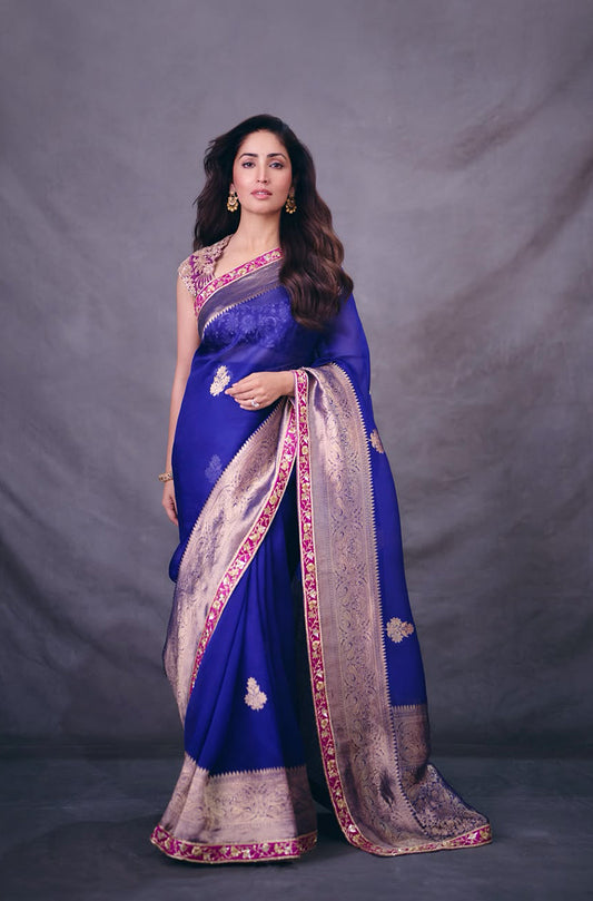 Yami Gautam in our Electric Blue Handwoven Banarasi Kora Saree Set