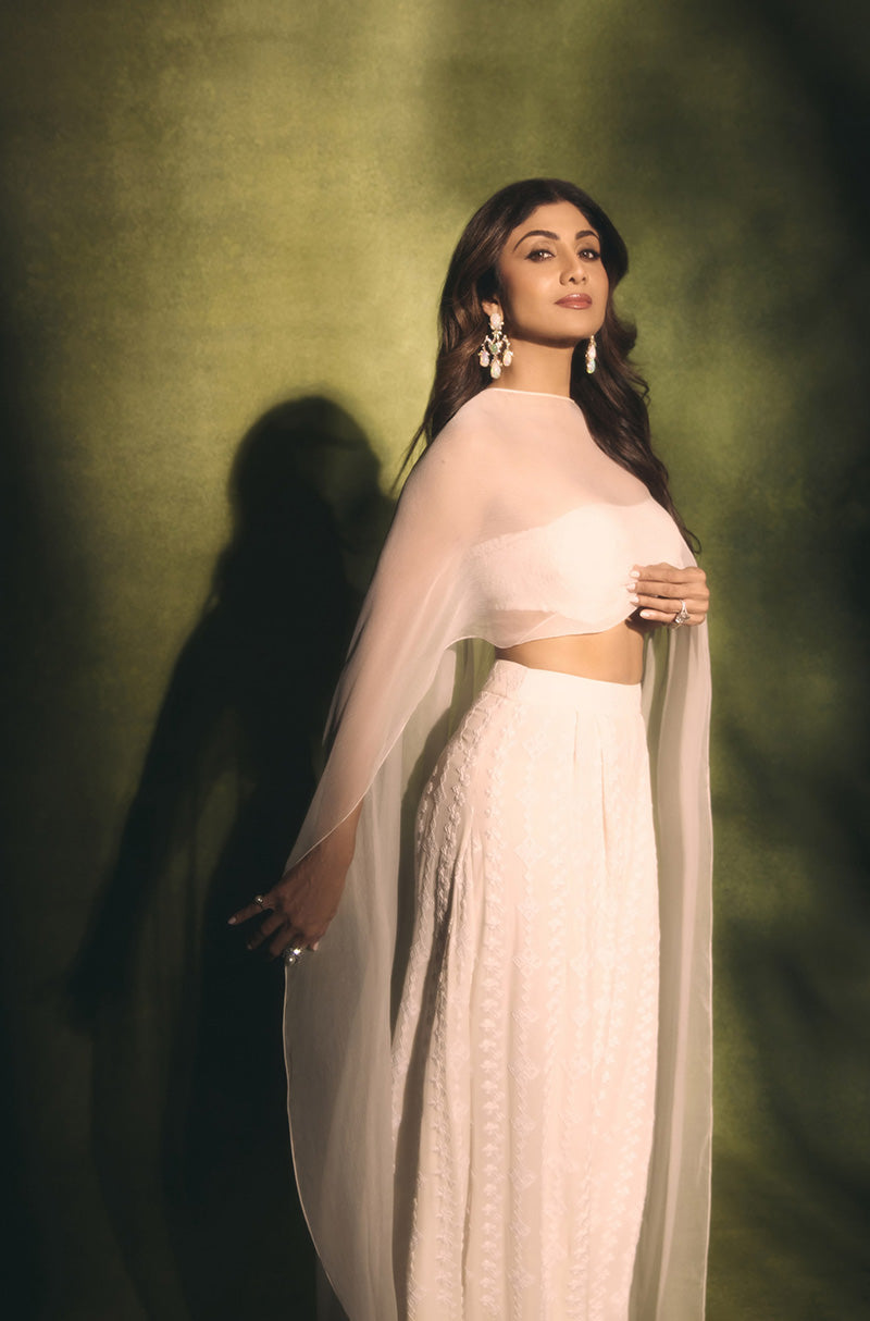 Shilpa Shetty in our Shades of White Chiffon Mijwan Set