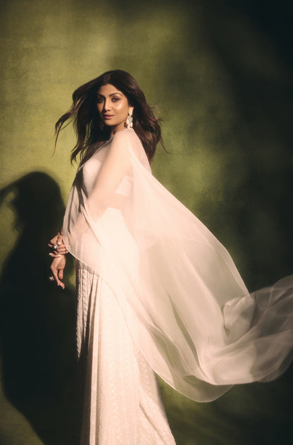 Shilpa Shetty in our Shades of White Chiffon Mijwan Set
