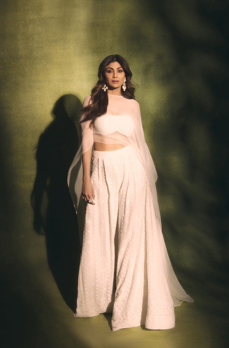 Shilpa Shetty in our Shades of White Chiffon Mijwan Set