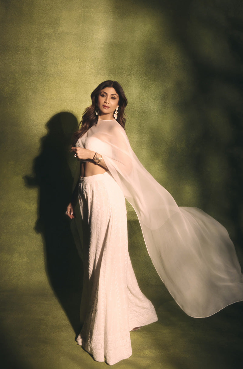 Shilpa Shetty in our Shades of White Chiffon Mijwan Set