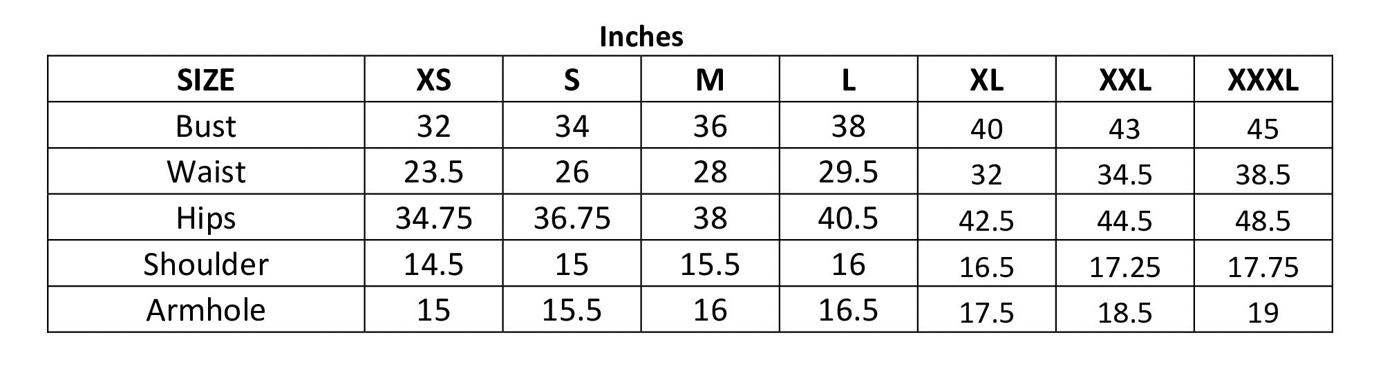 Size chart in inches