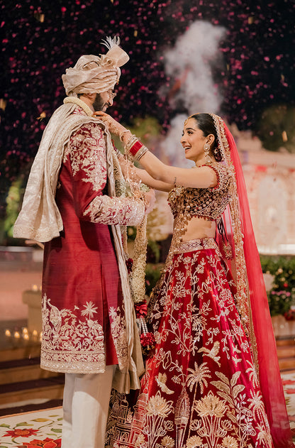 Bride: Ahana Raheja in our Red Multi-Motif Embroidered Lehenga Set