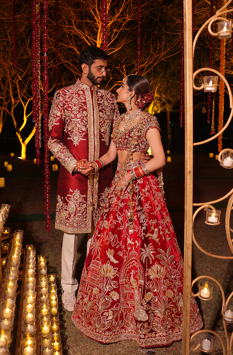 Bride: Ahana Raheja in our Red Multi-Motif Embroidered Lehenga Set