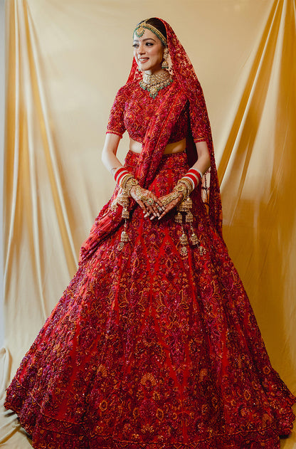 Bride: Aana Sehgal in our Red Embroidered Lehenga Set