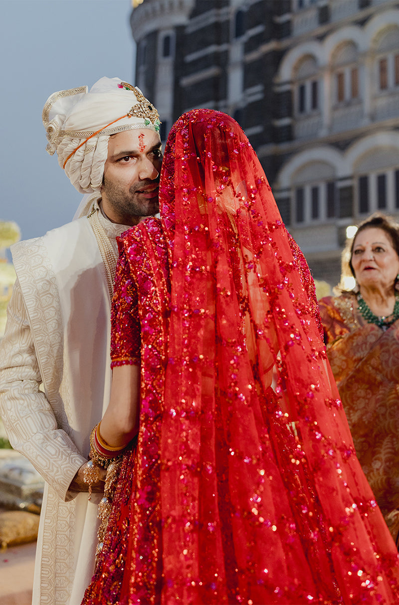Bride: Aana Sehgal in our Red Embroidered Lehenga Set