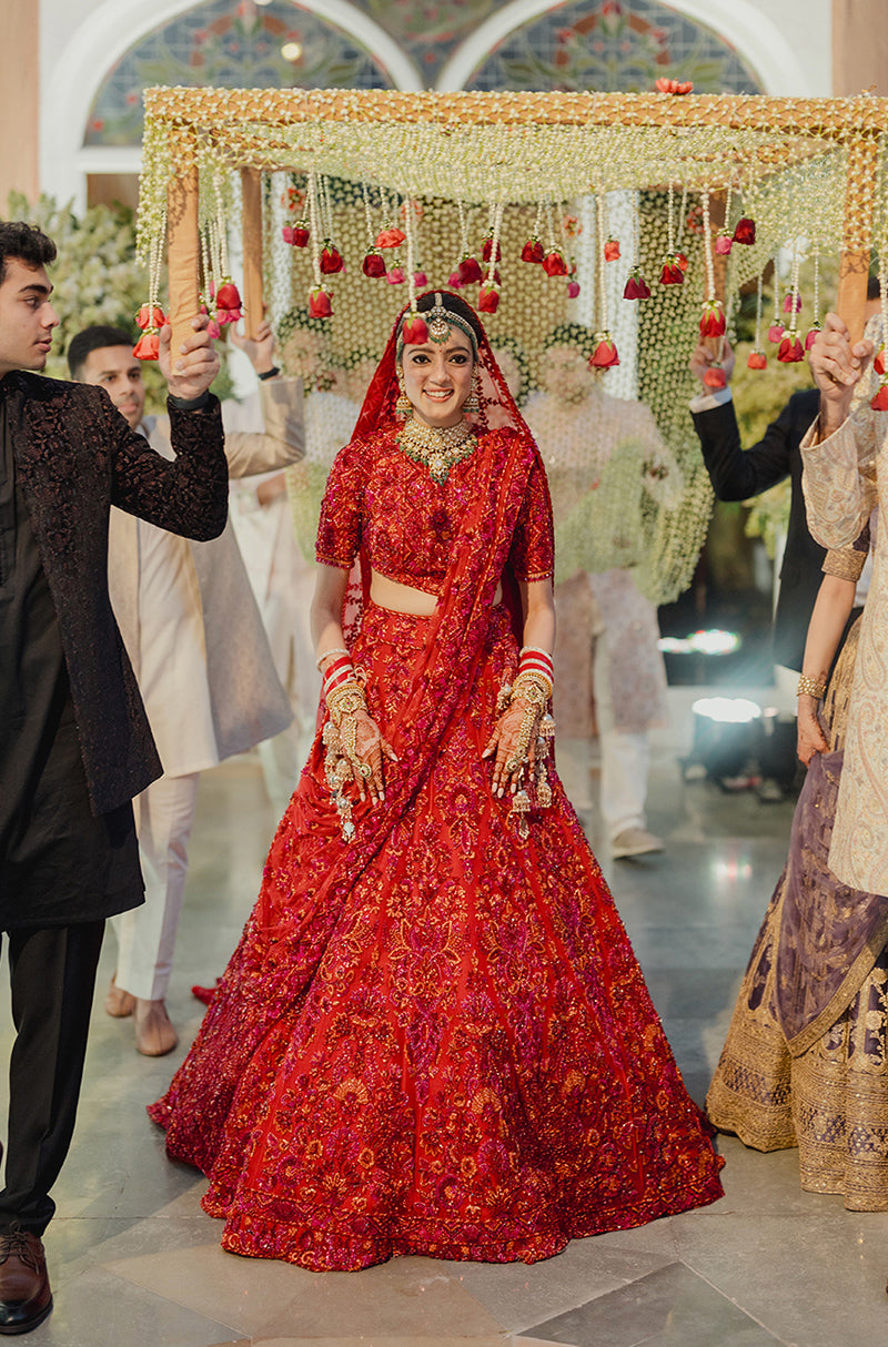 Bride: Aana Sehgal in our Red Embroidered Lehenga Set