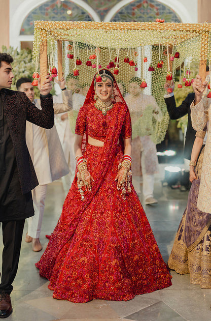 Bride: Aana Sehgal in our Red Embroidered Lehenga Set