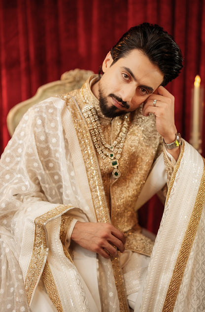 Groom: Faisal Shaikh in our Gold Embroidered Sherwani Set