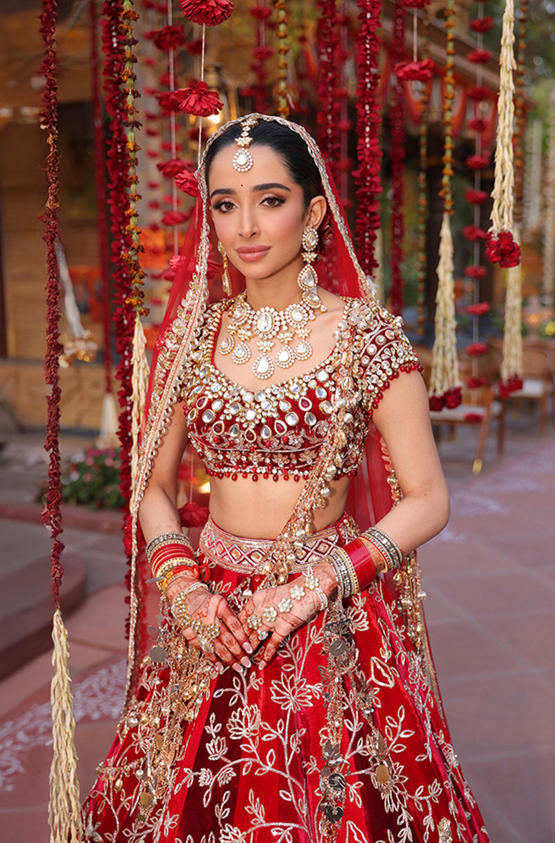 Bride: Ahana Raheja in our Red Multi-Motif Embroidered Lehenga Set