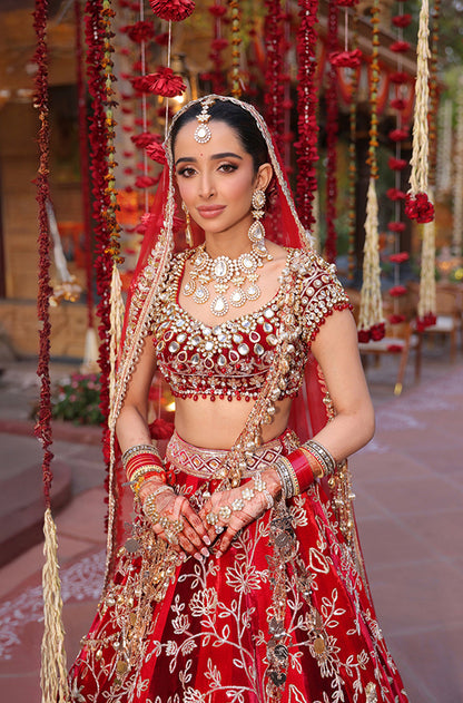 Bride: Ahana Raheja in our Red Multi-Motif Embroidered Lehenga Set