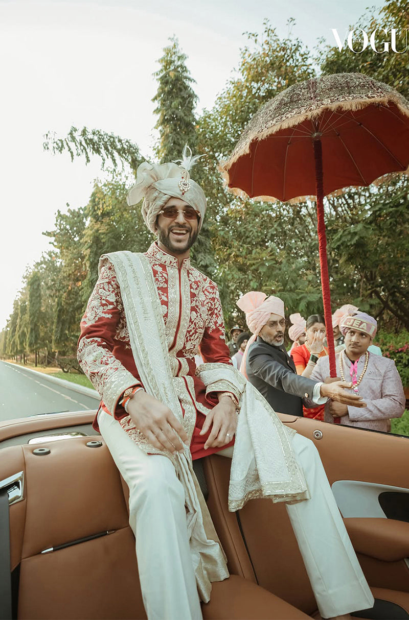 Groom: Yash Patel in our Red Embroidered Sherwani Set