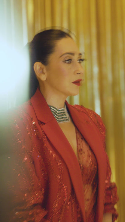 Karisma Kapoor in our Red Jacket and Sharara Set