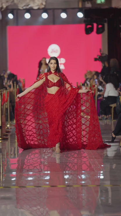 Nora Fatehi in our Red Saree and Cape Set