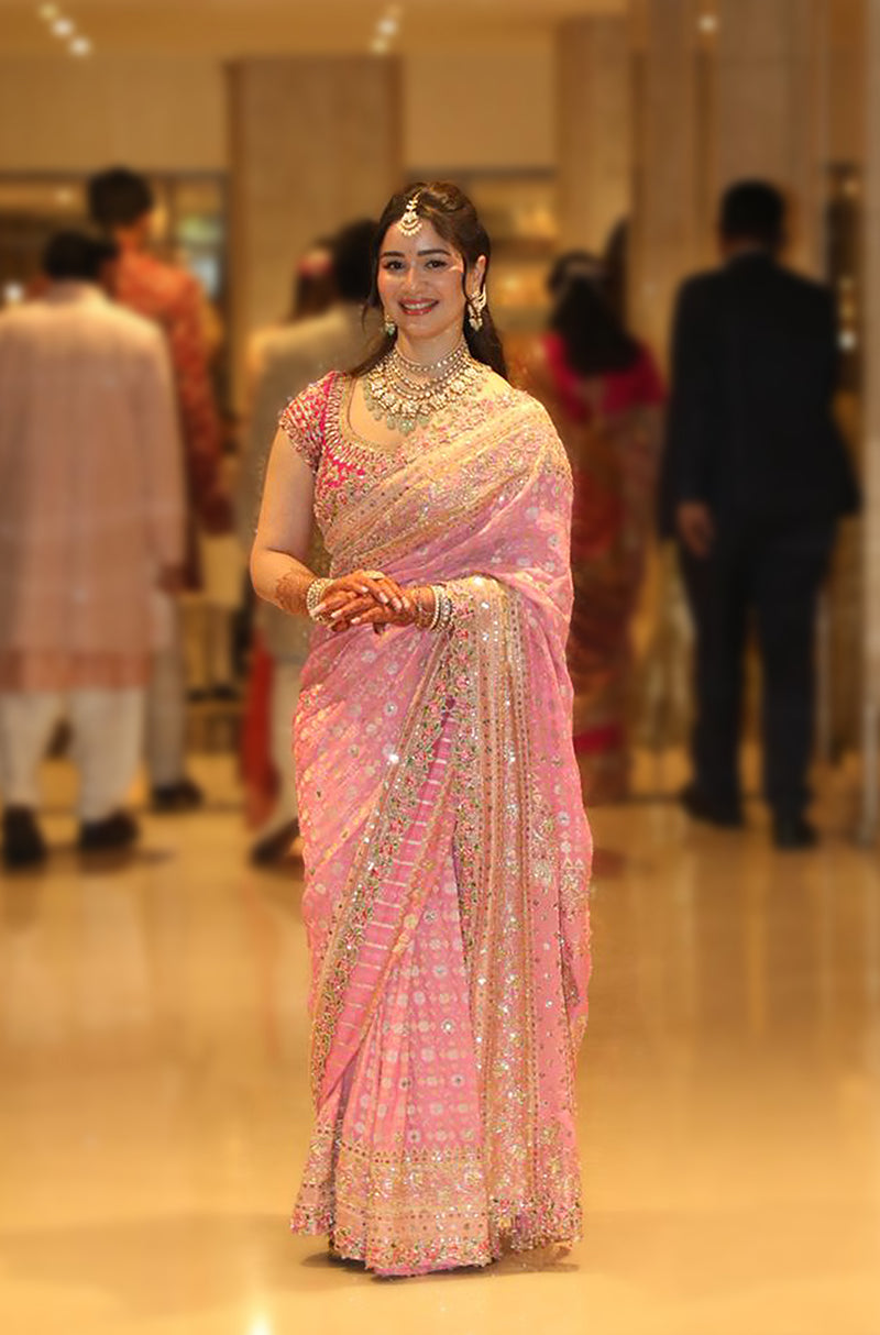 Sara Tendulkar in our Pink Timeless Embroidered Bandini Saree